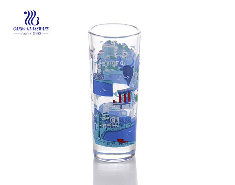 Personalized shot glasses Greece beaches decal promotional tall shot glasses