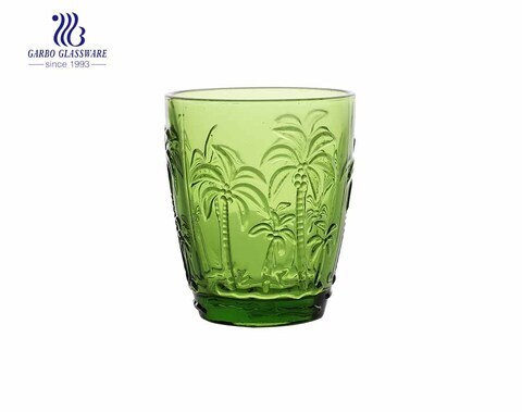 Green Vintage Drinking Glasses, 10 oz Embossed Romantic Water Glassware, Glass Tumbler Set for Juice, Beverages, Beer, Cocktail