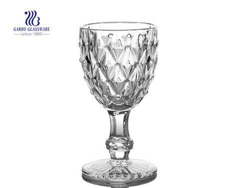 Heavy base clear vintage stemware engraved wine glasses with big diamond design