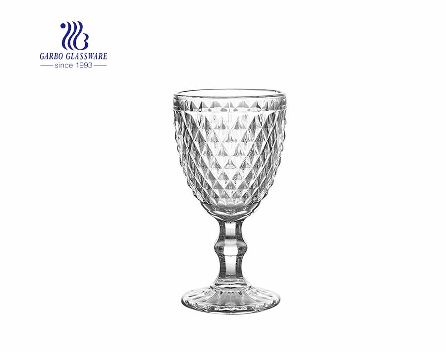 Heavy base clear vintage stemware engraved wine glasses with big diamond design