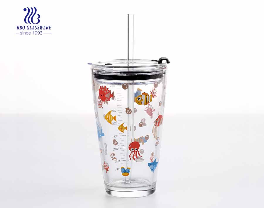 16oz large v shape glass tumbler with lid and glass straw