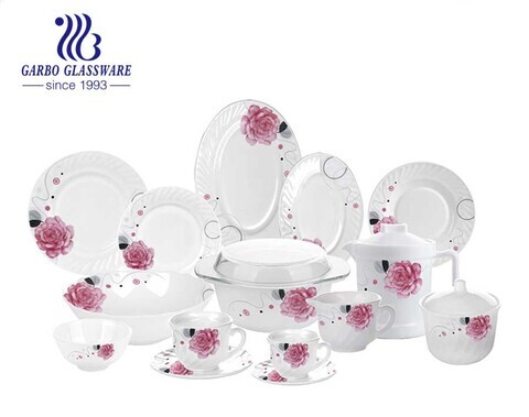 58pcs white opal glass dinnerware set with bowls plates and jugs