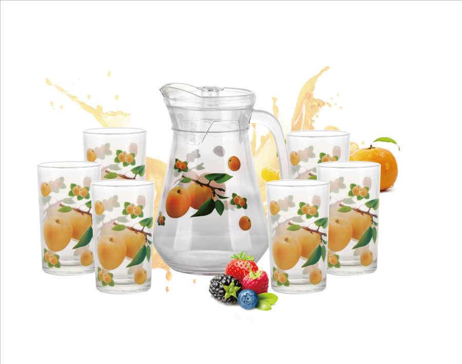 7 PCS Vietnam heißer Verkauf Großhandel Eistee Trinkglas Krug Set transparent maßgeschneiderte Aufkleber Glas Krug Set mit Griff