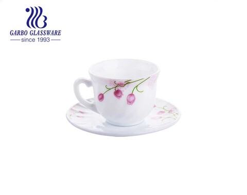 Neues Design Phantasie Blumen Opal Glas Kaffeeset mit Untertasse Set