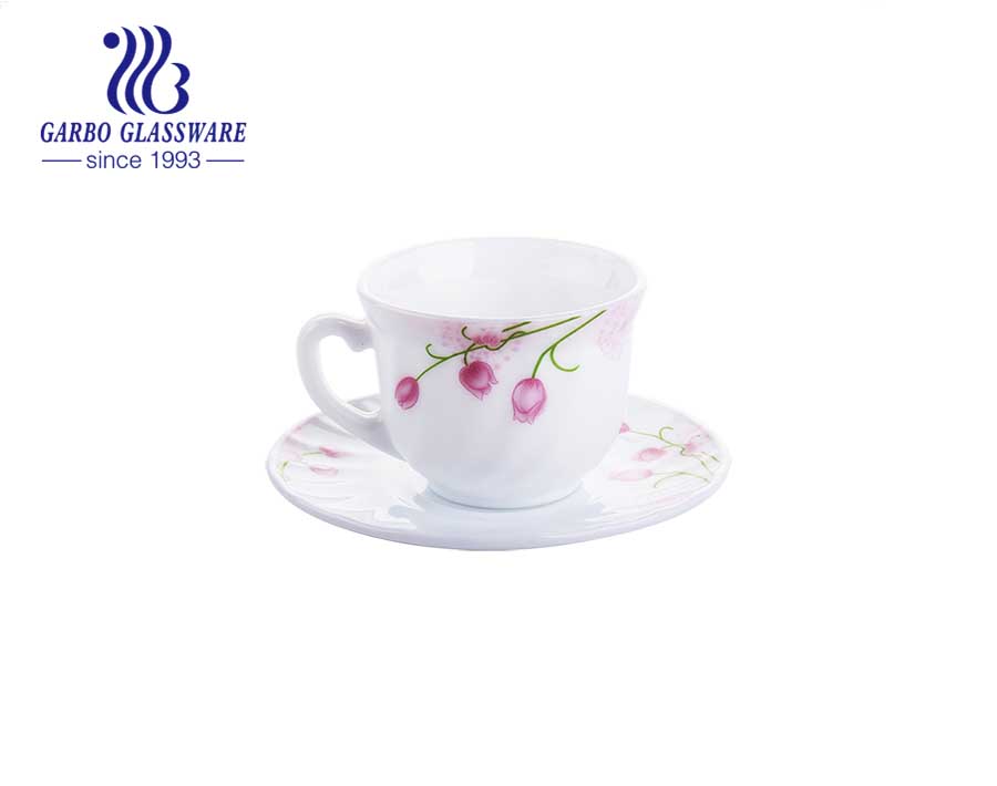 Nouveau service à café en verre opale à fleurs fantaisie avec ensemble de soucoupes