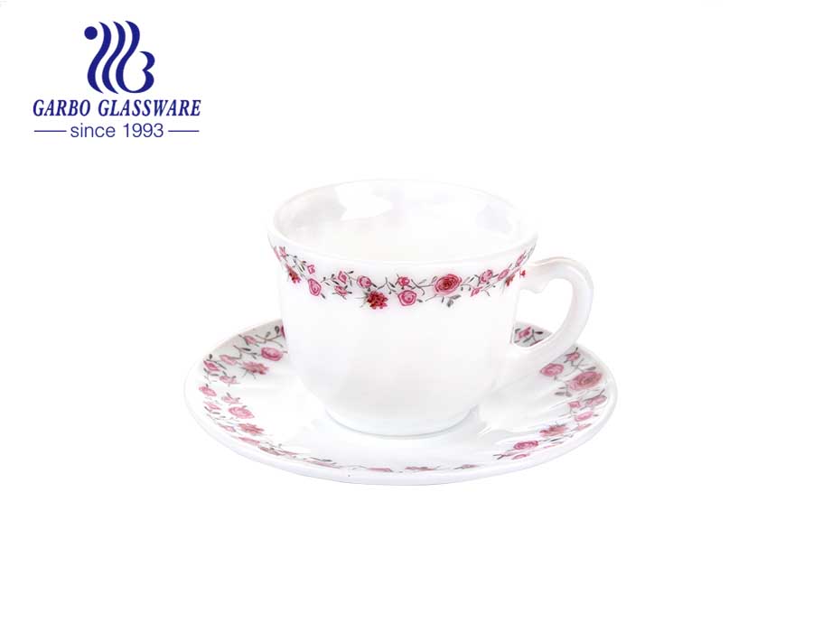 Neues Design Phantasie Blumen Opal Glas Kaffeeset mit Untertasse Set