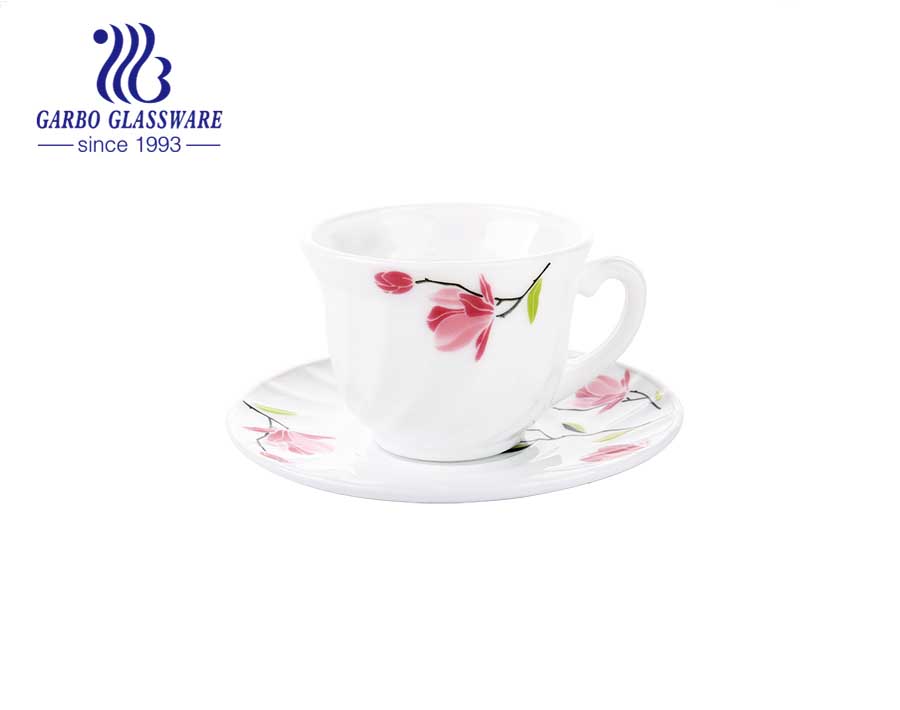 新しいデザインの派手な花オパールガラスコーヒーセットソーサーセット