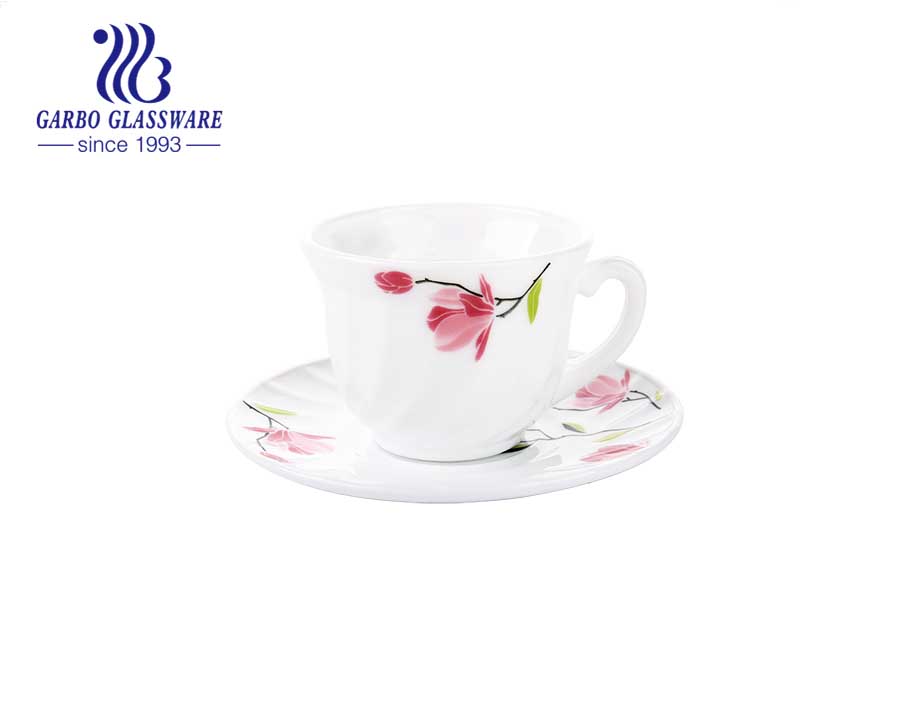 Neues Design Phantasie Blumen Opal Glas Kaffeeset mit Untertasse Set