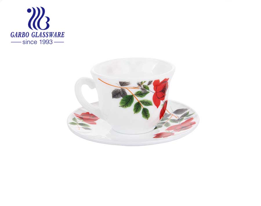 Neues Design Phantasie Blumen Opal Glas Kaffeeset mit Untertasse Set