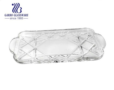 Rectangular-shape Glass Fruit Plate with Diamond Pattern and Handles