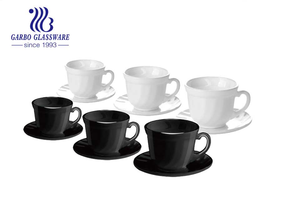 Thé noir Service à café Tasse Soucoupes Vaisselle Assiettes Ustensiles de cuisine en verre opale Ensemble de dîner rond chaud