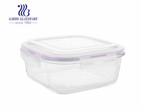 Square Glass Container with purple silicone lid food lunch box with CE certificate