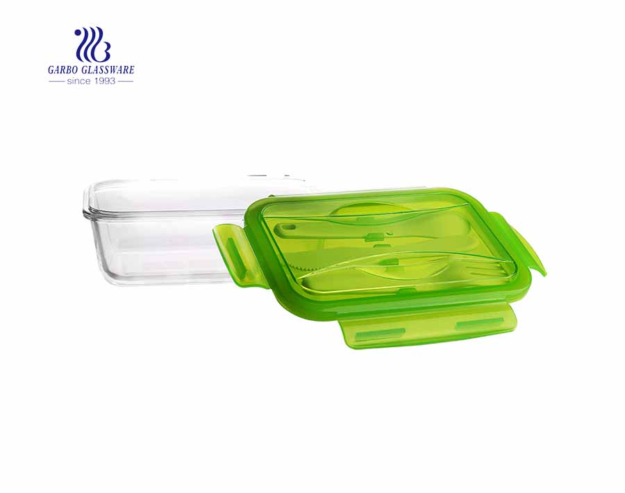 Square Glass Container with purple silicone lid food lunch box with CE certificate