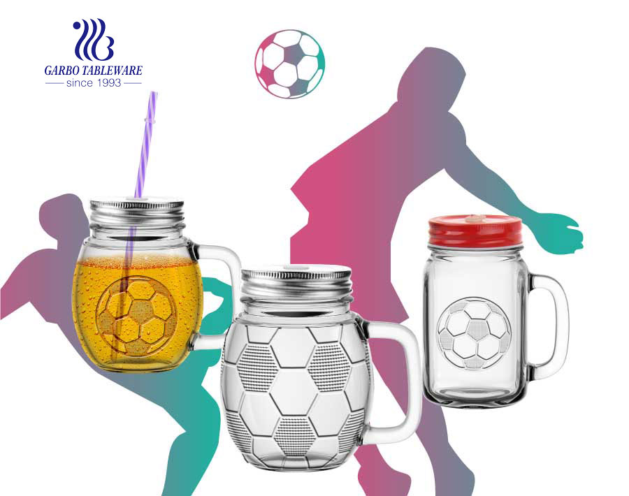 18oz Old Fashioned Soccer Ball Mason Jar Drinking Glasses Mugs with Handles 