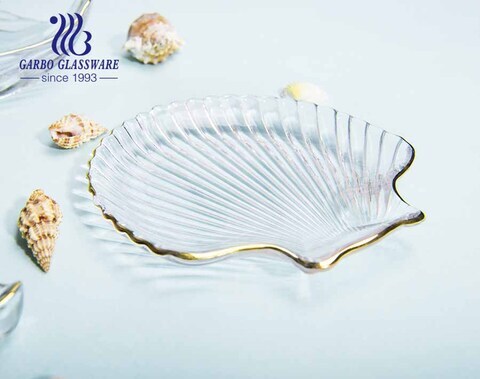 8 inch European style simple seashell pattern design luxury glass fruit plate with gold edge