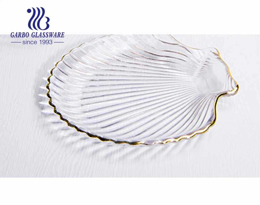 8 inch European style simple seashell pattern design luxury glass fruit plate with gold edge