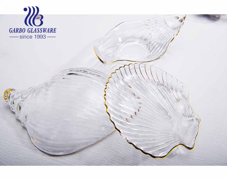 8 inch European style simple seashell pattern design luxury glass fruit plate with gold edge
