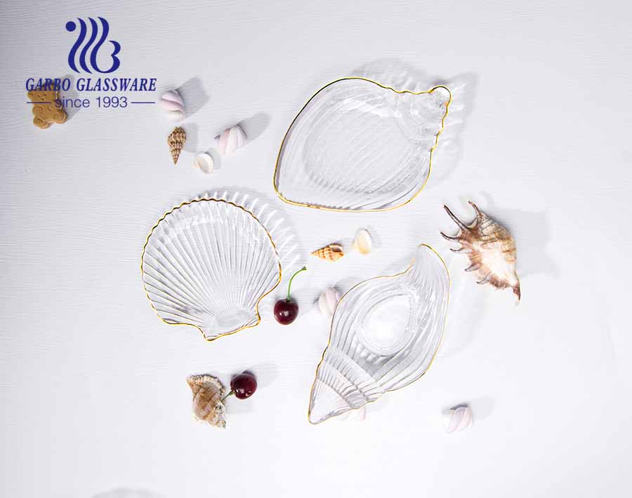 8 inch European style simple seashell pattern design luxury glass fruit plate with gold edge