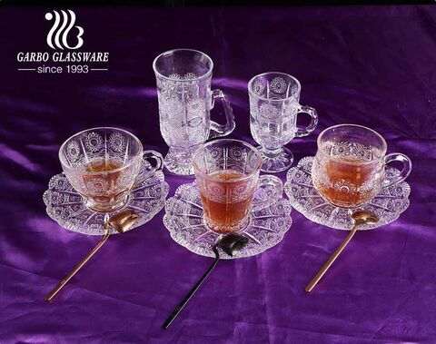 Sunflower heronsbill designs glass cups Azerbaijan tea cups and saucers 