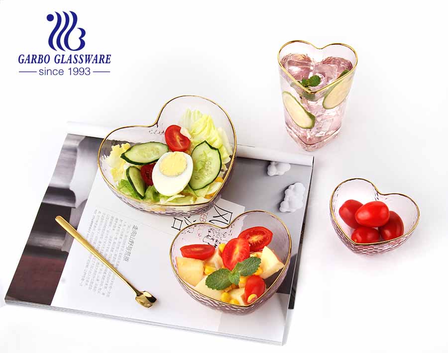 Vente chaude motif marteau rose en forme de coeur verre jante dorée salade bol de fruits avec prix pas cher