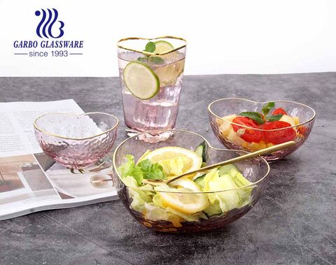 Hot Sale Hammer Muster rosa Herzform Glas goldenen Rand Salat Obstschale mit günstigen Preis