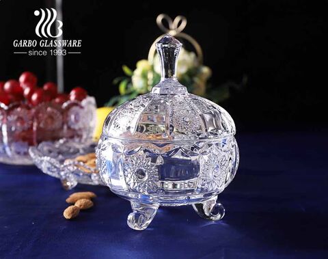 prato de doces de cristal para atacado com tampa elegantes potes de vidro lapidado vintage com design de girassol