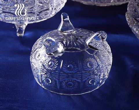 prato de doces de cristal para atacado com tampa elegantes potes de vidro lapidado vintage com design de girassol