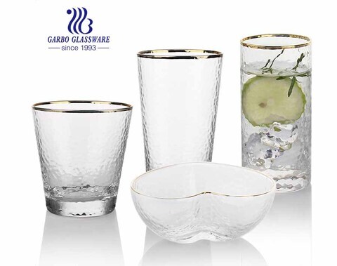 Low MOQ handmade blown glass tumblers set with hand painted gold rim