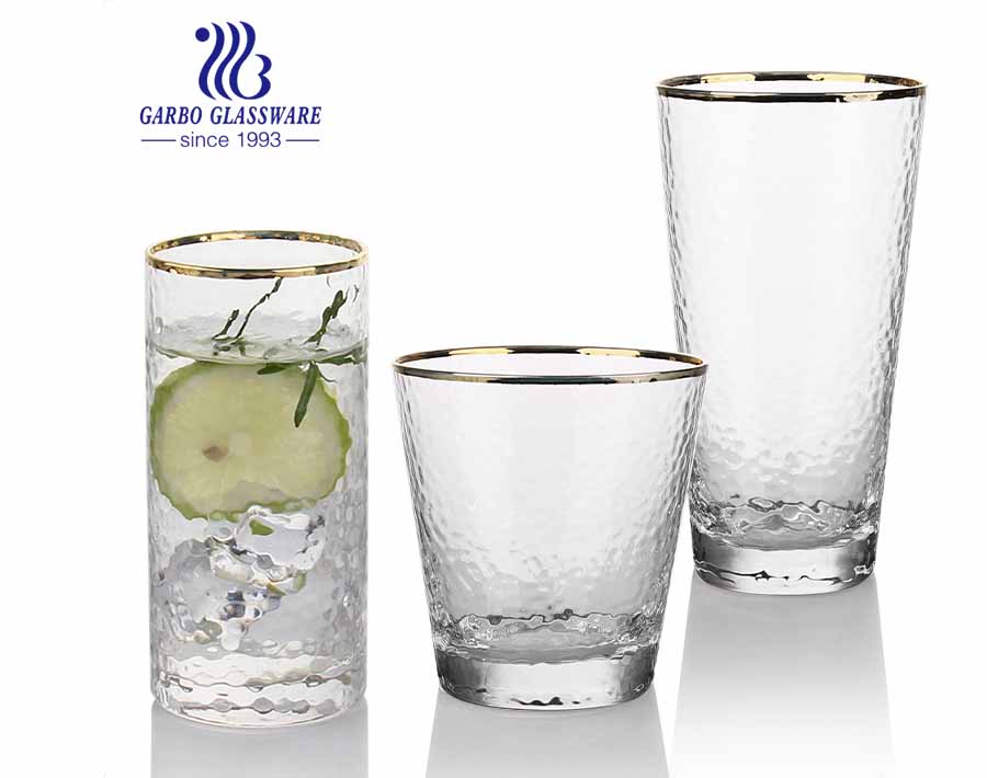 Low MOQ handmade blown glass tumblers set with hand painted gold rim