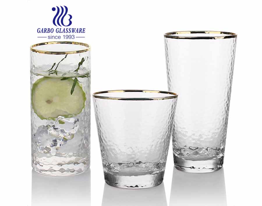 Low MOQ handmade blown glass tumblers set with hand painted gold rim