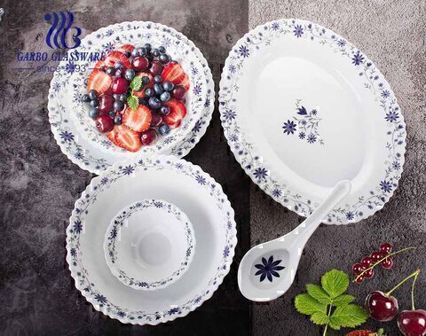 Set-72pcs Ensemble de vaisselle opale en verre trempé blanc avec fleur à personnaliser