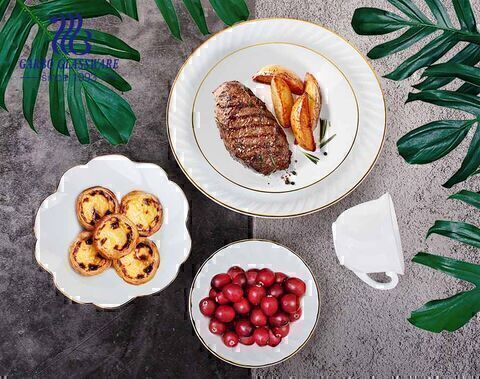 Platos de cena de vidrio templado ópalo de 5 pulgadas con borde dorado para bodas o fiestas