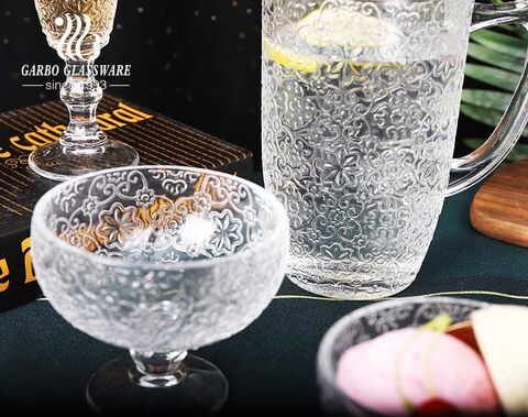 Classical engraved flower pattern glassware set goblet salad bowl jug ice cream bowl for dinner