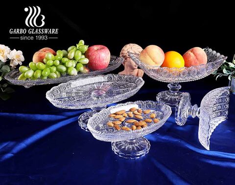 12 inch sunflower design crescent shaped glass fruit bowl with foot