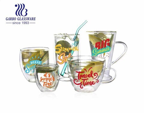 Certificación CE / UE con aislamiento de color sólido duradero con doble aislamiento taza de vidrio de borosilicato bebidas frías logotipo de impresión taza de vidrio de borosilicato