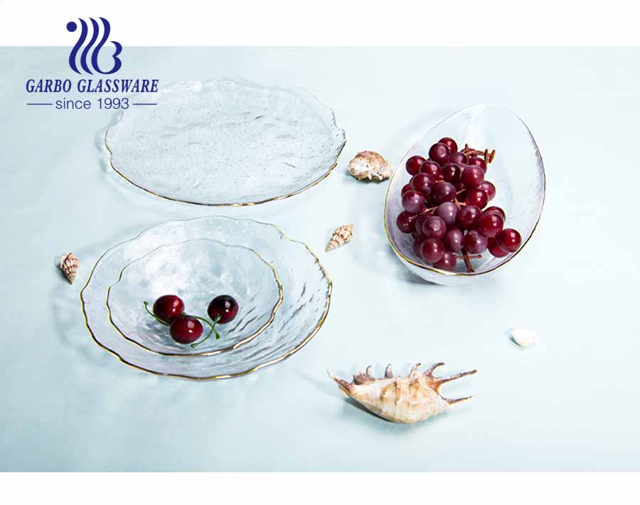 Assiette à fruits en verre élégant haut de gamme de 18 pouces à motif ovale simple européen avec bord doré