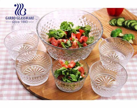 Garbo thiết kế mới Bộ bát trái cây salad thủy tinh 7 chiếc có khắc hoa văn cổ điển cho bàn ăn