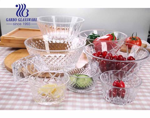 Garbo nouveau design 7 pièces bol de fruits à salade en verre avec motif classique gravé pour table à manger