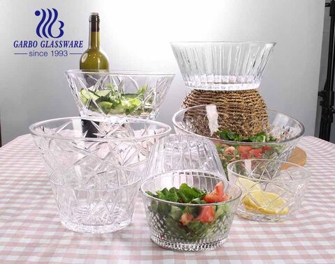 Garbo new design 7 pcs glass salad fruit bowl set with engraved classical pattern for dinner table