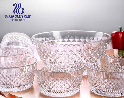 Garbo new design 7 pcs glass salad fruit bowl set with engraved classical pattern for dinner table