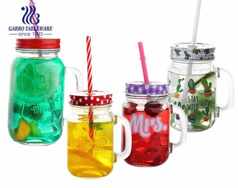 Old fashion glass mason jar drinking glasses with customized logo handle and lid