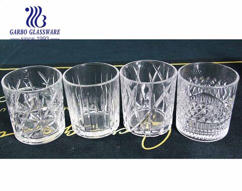 Hot sale 11oz short whiskey glasses set of 4 embossed designs 