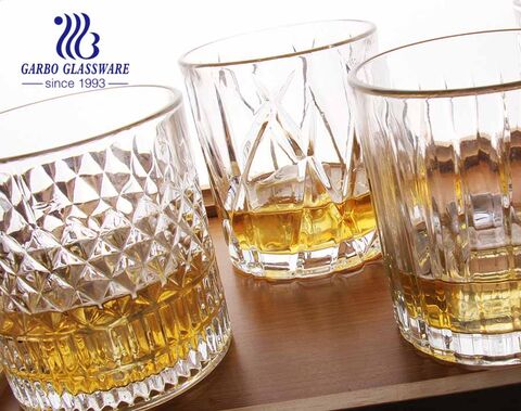 Hot sale 11oz short whiskey glasses set of 4 embossed designs 