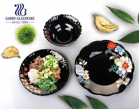 9 inch black tempered opal glass mixing bowls with decal flower for microwave safe
