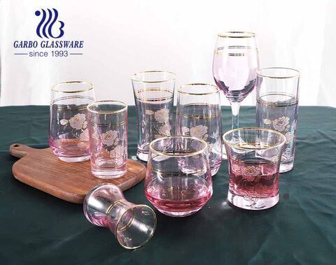 Pink Light Modern Style Glassware Set with Golden Rim Glass Coffee Cup Water Tumbler Goblet for Hotel