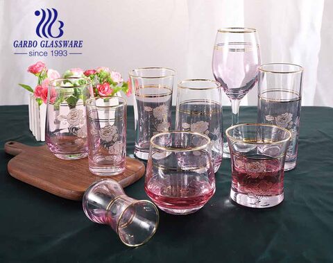 Pink Light Modern Style Glassware Set with Golden Rim Glass Coffee Cup Water Tumbler Goblet for Hotel