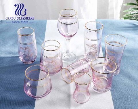 Pink Light Modern Style Glassware Set with Golden Rim Glass Coffee Cup Water Tumbler Goblet for Hotel