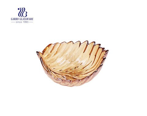 popular middle size 7 inches feather design glass fruit bowl with ion plating amber color