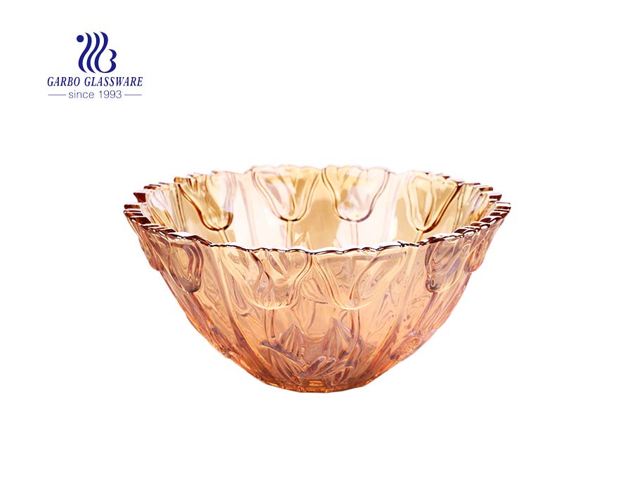 popular middle size 7 inches feather design glass fruit bowl with ion plating amber color