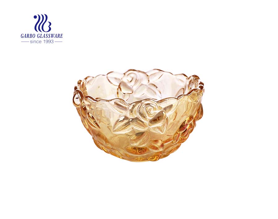 popular middle size 7 inches feather design glass fruit bowl with ion plating amber color